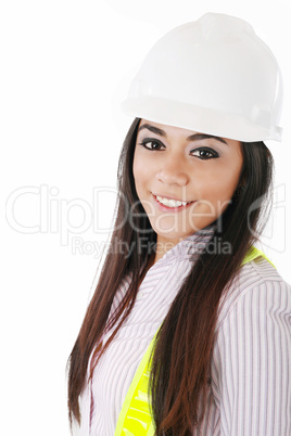 Engineer woman in white helmet isolated on white background