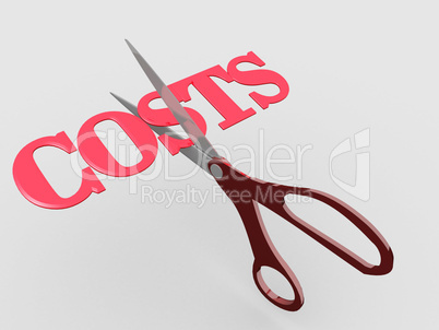 Pair of scissors cuts business expense word COSTS in half to sav
