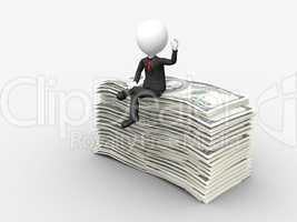 3d businessman sitting on top of stack of dollar with hand raise