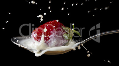 red, ripe strawberry falling in spoon with milk