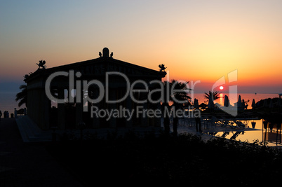 Sunset at beach of the luxury hotel, Halkidiki, Greece