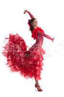Woman in red dress performing flamenco