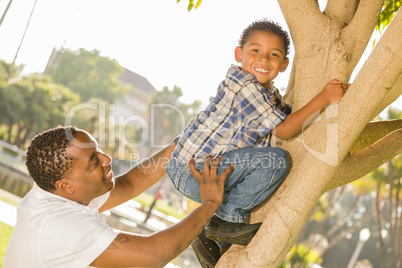 Happy Mixed Race Father Helping Son Climb a Tree