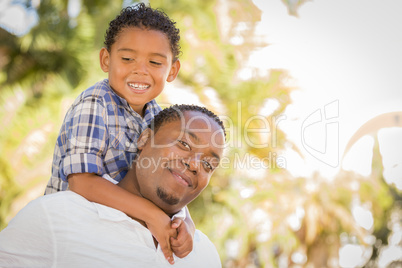 Mixed Race Father and Son Playing Piggyback in Park