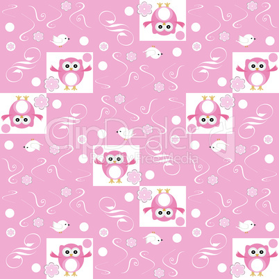 Cute floral seamless background with pink owls - vector