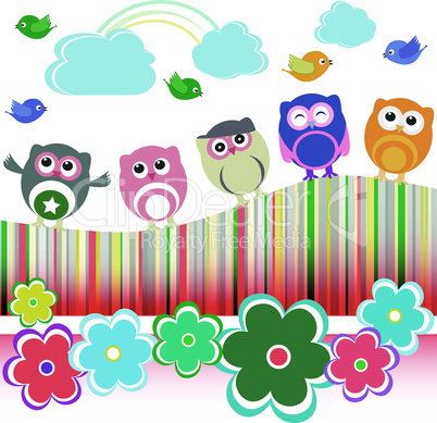 Vector set - owls, birds, flowers, cloud and rainbow