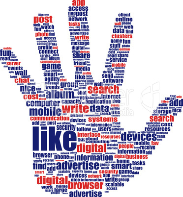 Illustration of the hands, which is composed of text keywords on social media themes. Isolated on white.