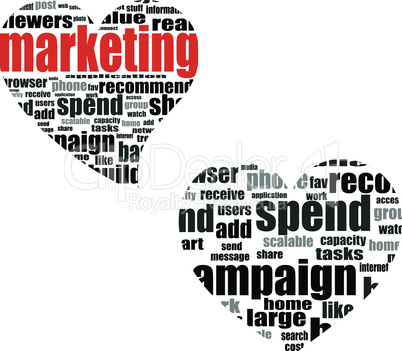 marketing. Word collage set in heart shape. Illustration with different association terms