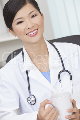 Chinese Female Woman Doctor Drinking Coffee or Tea