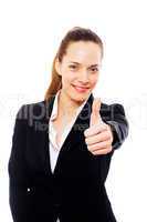 Young businesswoman with thumb up on white background studio