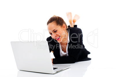 young businesswoman with laptop on the floor on white background