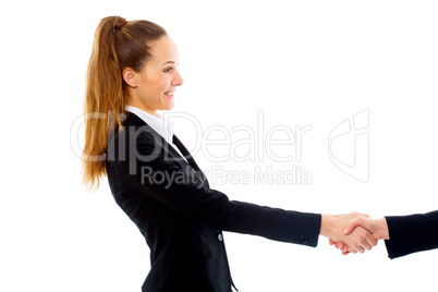 young businesswoman handshake on white background studio