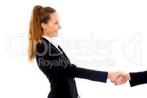young businesswoman handshake on white background studio