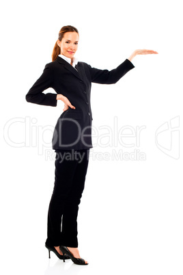 Young businesswoman with hand raised on white background studio