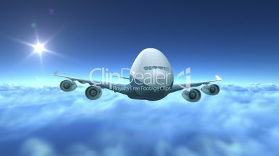 Airplane flying over clouds, 3d animation