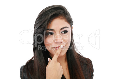 Closeup of an attractive young woman thinking, isolated on white