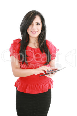 Young smiling business woman with tablet computer. Isolated on w