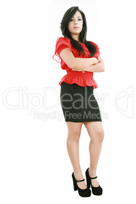 Full length of pretty young business woman on white background