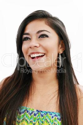 Happy woman laughing against white background