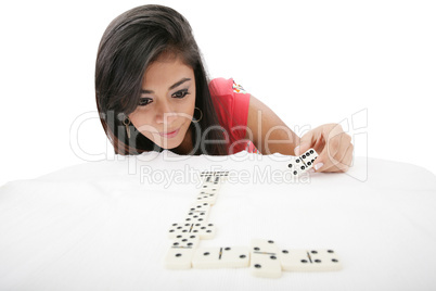 A portrait of a young woman trying to make a decision over white