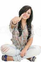 Closeup portrait of a beautiful young woman showing thumbs up si