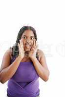 excited scared, terrified black woman, young african girl surpri