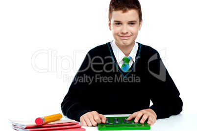 Smiling young boy using calculator