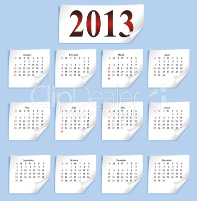 calendar 2013 on small white paper