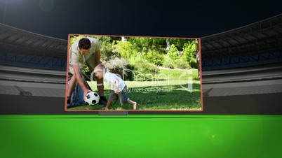 Videos of father and a son playing football on a stadium