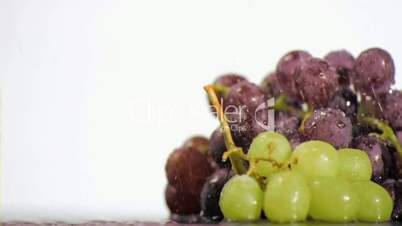 Green and purple grapes in super slow motion being wet