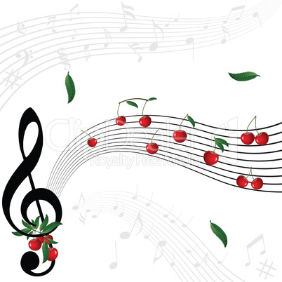 Music notes as cherry berry with floral wave pattern on white background
