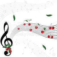 Music notes as cherry berry with floral wave pattern on white background