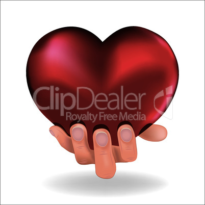 Man hold love red heart in hand to woman on white background
