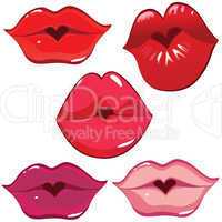 Set of glossy lips in tender kiss.