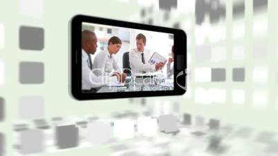 Videos of business meetings on a smartphone screen