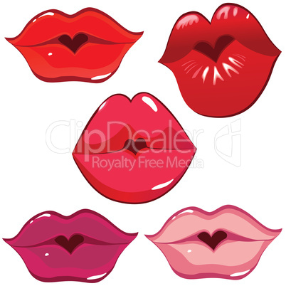 Set of glossy lips in tender kiss.