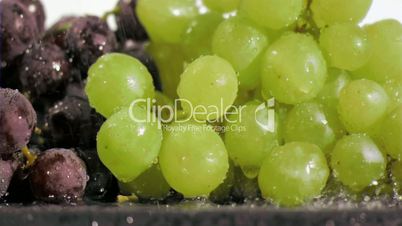 Many grapes in super slow motion being soaked