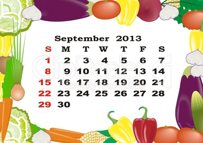 September - monthly calendar 2013 in frame with vegetables