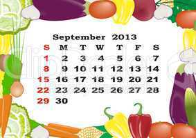September - monthly calendar 2013 in frame with vegetables