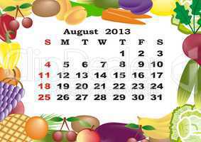 August - monthly calendar 2013 in frame with fruits and vegetables