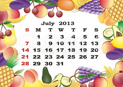 July - monthly calendar 2013 in frame with fruits