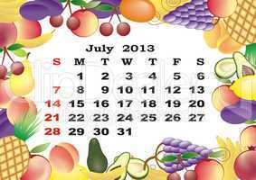 July - monthly calendar 2013 in frame with fruits