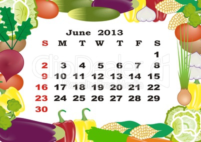June - monthly calendar 2013 in frame with vegetables