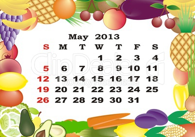 May - monthly calendar 2013 in frame with fruits and vegetables