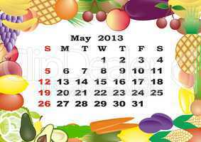 May - monthly calendar 2013 in frame with fruits and vegetables