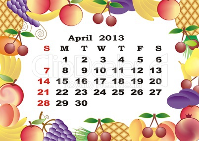 April - monthly calendar 2013 in frame with fruits