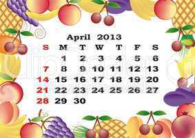 April - monthly calendar 2013 in frame with fruits