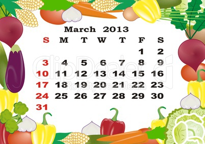 March- monthly calendar 2013 in frame with vegetables