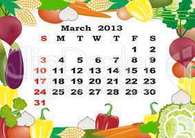 March- monthly calendar 2013 in frame with vegetables