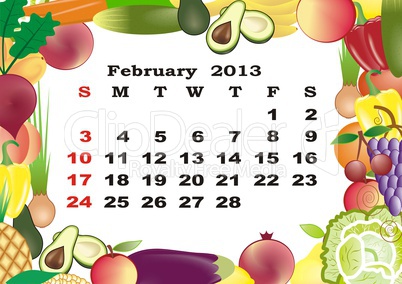 February - monthly calendar 2013 in frame with fruits and vegetables